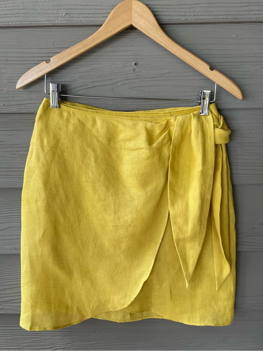 Massimo Dutti 100% Linen Wrap Mini Skirt Yellow Mustard Size S Made In Portugal